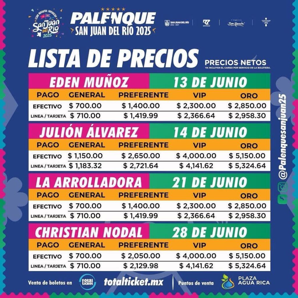 precio boletos palenque san juan del río 2025